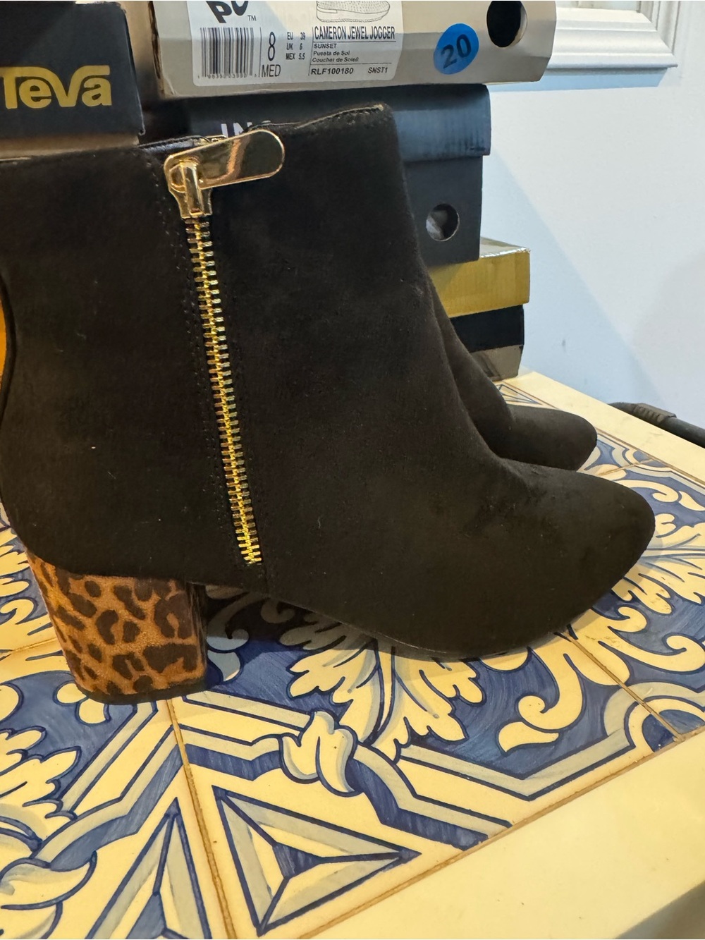 Bandolino Black Suede Ankle Boots with Leopard Block Heel Accent